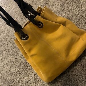 Stylish Yellow Leather Shoulder Bag with Black Straps